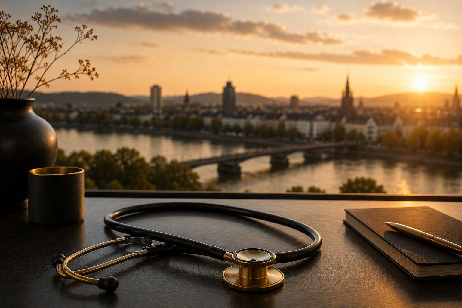 Stethoskop auf einem dunklen Tisch, im Hintergrund Rhein, Brücke und Stadtsilhouette bei Sonnenuntergang